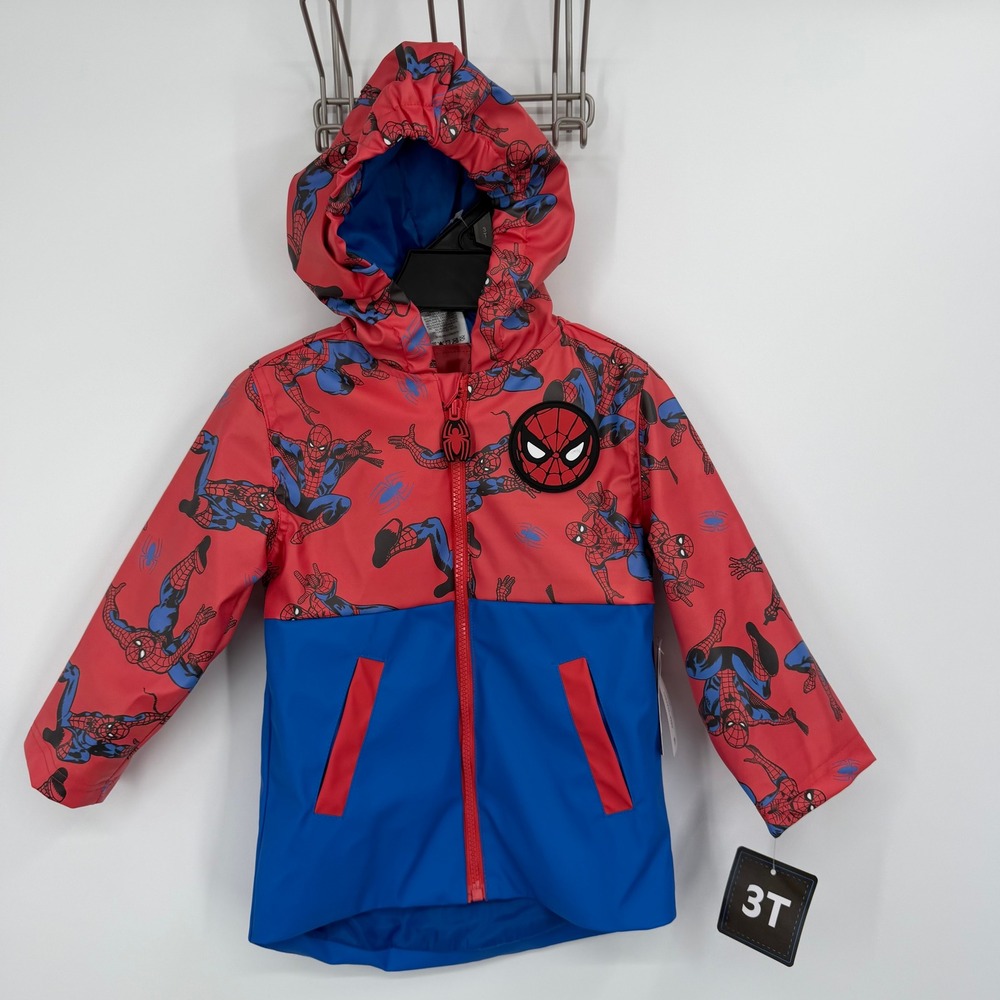 Marvel Spiderman Rain Jacket Toddler 3T Red Blue Hooded Colorblock 5CL04C